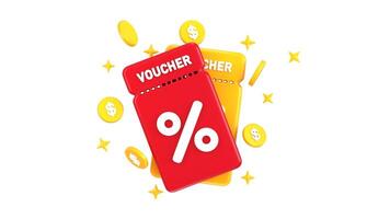 discount voucher with golden coins icon animation 3d render concept of 3d discount coupon 3d animation video