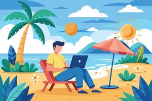 A man works on his laptop while sitting on a beach chair under a beach umbrella on a sunny day. vector