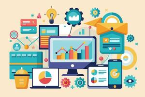 An illustration depicting various digital marketing elements such as data analysis, website design, social media marketing, email marketing, and mobile optimization. vector