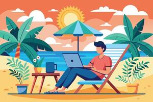 A man sits on a beach chair under an umbrella, working on his laptop while enjoying the beautiful beach scenery. vector