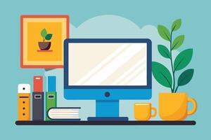 Illustration of a minimalist workspace featuring a computer monitor, books, a potted plant, and a coffee mug. vector