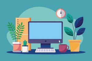 A modern desktop workstation featuring a computer, keyboard, coffee cup, and potted plants, set against a blue background. vector