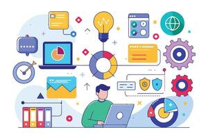 An illustration of a man working on a laptop, surrounded by colorful data visualizations, charts, and icons representing various business processes. vector