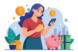 Illustration of a woman using a mobile app to manage her finances and investments, with a piggy bank, stack of coins, and dollar signs symbolizing savings and wealth. vector