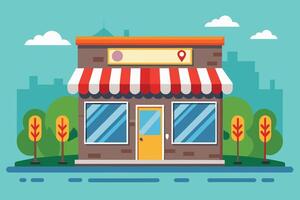 A flat cartoon illustration of a brick storefront with a red and white striped awning. The store has large windows and a yellow door. vector
