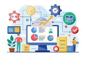 Illustration depicting a business growth strategy, featuring data analysis on a computer screen, planning, and teamwork. vector
