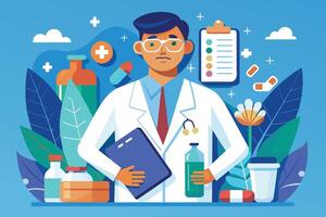 A doctor in a white coat is holding a clipboard and a bottle, with a stethoscope around his neck. He stands in front of a blue background with a checklist and various other medical supplies. vector