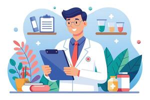 A cartoon illustration of a smiling male doctor wearing a white coat and red tie, reviewing medical notes on a clipboard in a lab setting. There are test tubes, pills, and plants in the background. vector
