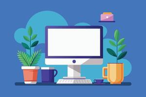 A simple and minimalist illustration of a modern office workspace with a computer, keyboard, plants, and a coffee mug. vector