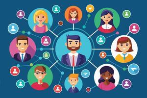 A colorful illustration depicting a network of professionals, each represented by a circular icon, connected by lines symbolizing their relationships. vector