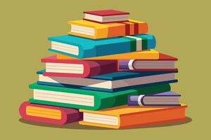 A vibrant illustration depicting a stack of colorful books in a library setting. The books are arranged in a pyramid-like formation, showcasing a variety of colors and sizes. vector