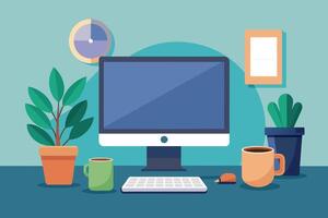 A modern home office workspace with a desktop computer, plants, a coffee mug, and a clock on the wall. vector