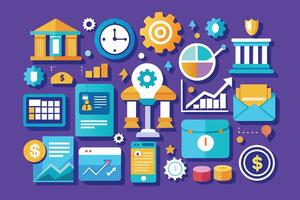 A vibrant, modern illustration featuring various flat design icons related to business and finance, including a bank building, clock, gears, graphs, charts, and money symbols. vector