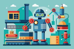A blue robot with yellow eyes stands in a futuristic factory, surrounded by colorful machinery. vector