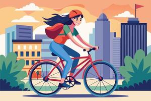 An illustration of a woman riding a bike down a city street, with tall buildings and trees in the background. The sun is shining and there are clouds in the sky. vector