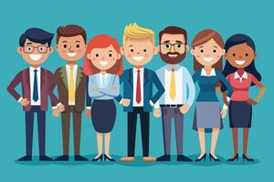 An illustration of a diverse group of business professionals standing together in a line. They are all smiling and appear to be in a good mood. vector