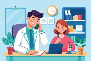 A doctor is talking on the phone with a patient at a desk in an office. There are files and plants in the background. vector