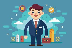 A cartoon illustration of a businessman standing with a briefcase in front of a cityscape. He is smiling and appears to be happy and confident. The background features clouds, a sun, and stars. vector