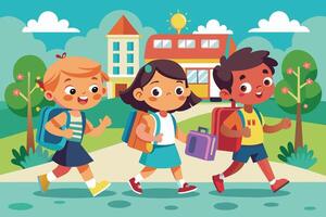 Three smiling children with backpacks walk towards a school building on a sunny day. vector
