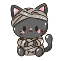 Hand drawn illustration kawaii black cat halloween themed wrapped up like a mummy png