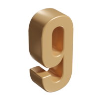3d number nine 9 golden or bronze shining typography symbol or sign template, realistic illustration. Gold ninth digit or figure for numbering png