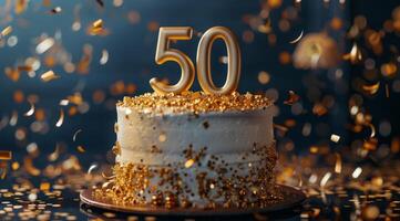 Golden 50th Birthday Cake With Confetti photo