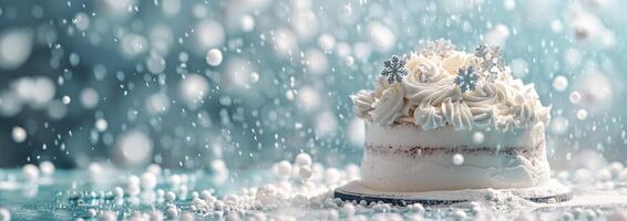 blanco pastel decorado con copos de nieve y nevada foto