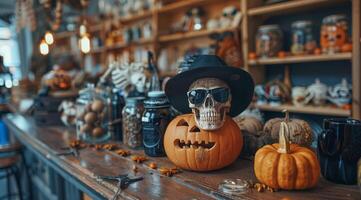 Spooky Skull With Sunglasses On Pumpkin, Halloween Decor On Shelves photo