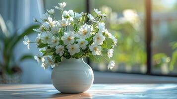 White Hydrangea Bouquet In A Striped Vase On A Table In A Modern Home photo