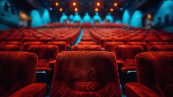 Empty Red Seats in a Movie Theater With a Carpeted Aisle photo