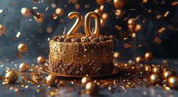 Golden 20th Birthday Cake With Confetti photo