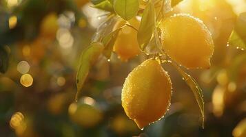 Ripe Lemon Hanging on Branch in Citrus Orchard at Sunset photo