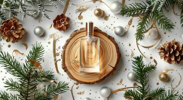 Festive Perfume Bottle Surrounded by Pine Branches, Gold Ornaments, and Twine on a Blue Background photo