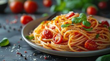 Close Up Of A Plate Of Spaghetti With Tomato Sauce And Cherry Tomatoes photo