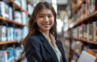 Woman Holding Laptop in a Library With Bookshelves in the Background photo