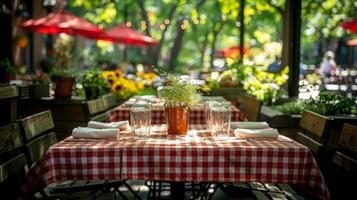 Outdoor Restaurant Patio With Red And White Checkered Tablecloths And String Lights photo