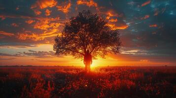 Silhouette of a Man Standing Under a Tree at Sunset photo