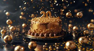 Golden 20th Birthday Cake With Confetti photo