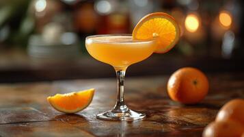 Orange Cocktail in a Martini Glass With a Citrus Garnish on a Wooden Table photo