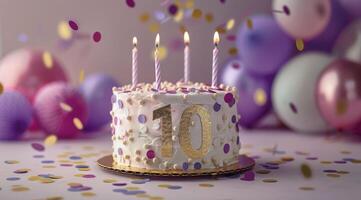 Purple and Gold Ten Year Old Birthday Cake With Candles and Confetti photo