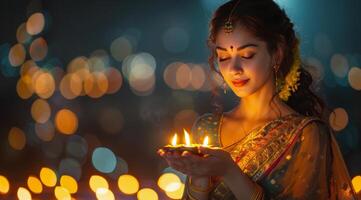 Woman Lighting Diya During Diwali Celebration in India photo