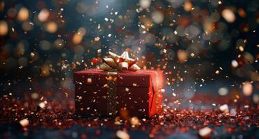Red Gift Box Surrounded By Falling Gold Confetti photo