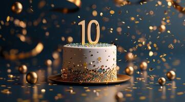 White Cake With Gold Number Ten and Confetti on Blue Background photo