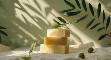 Natural Soap Bars Resting on White Fabric With Olive Branches photo