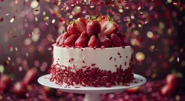 Strawberry Cake With Confetti and Sprinkles Falling photo