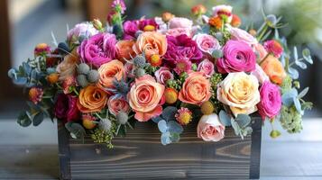 Colorful Flower Arrangement in Wooden Crate Against Dark Background photo