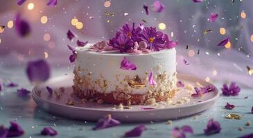 A Small Purple Flower-Topped Cake With Golden Flakes and Falling Petals photo