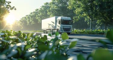 White Semi-Truck Driving on a Road Surrounded by Lush Green Trees in the Morning Sun photo