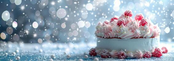 Festive White Cake With Whipped Cream and Cherries on a Snowy Tabletop photo