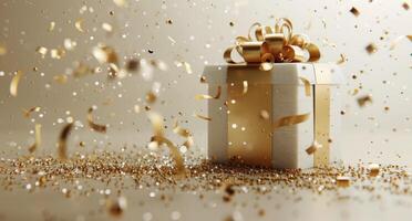 Gold Gift Box Surrounded by Confetti on a White Background photo